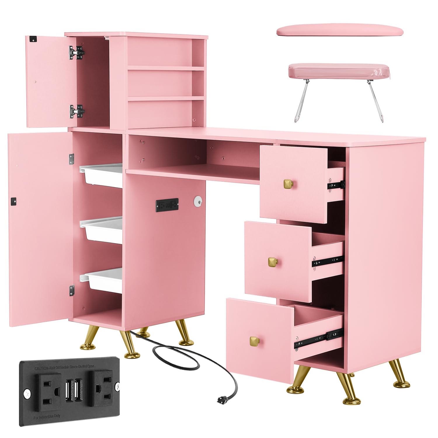 Beauty Makeup Desk - طاولة أظافر وردية لفني الأظافر، مكتب