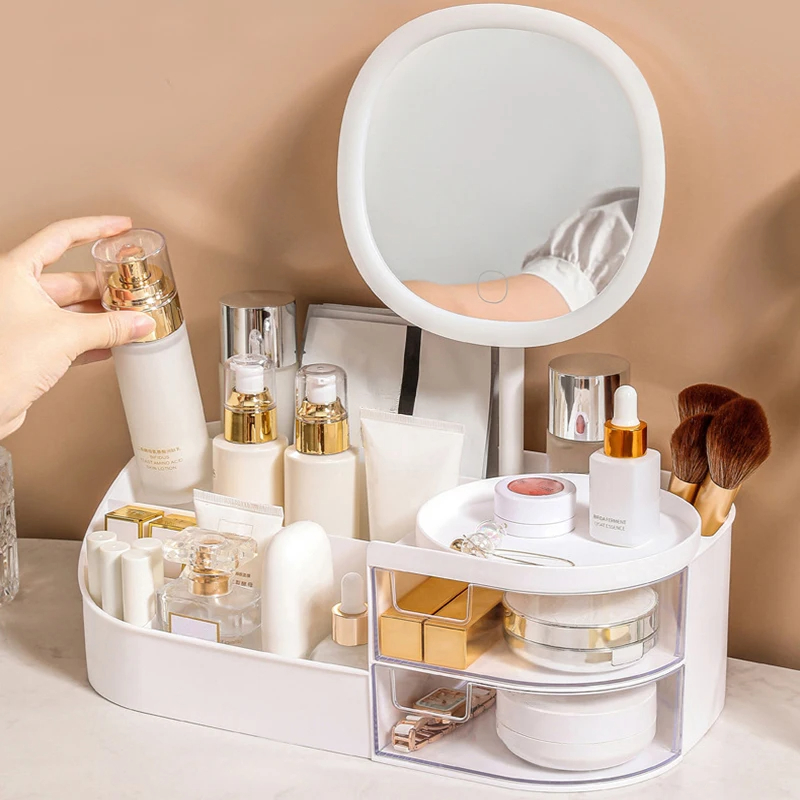 Beauty Makeup Desk - صندوق تخزين مستحضرات التجميل مع مرآة،